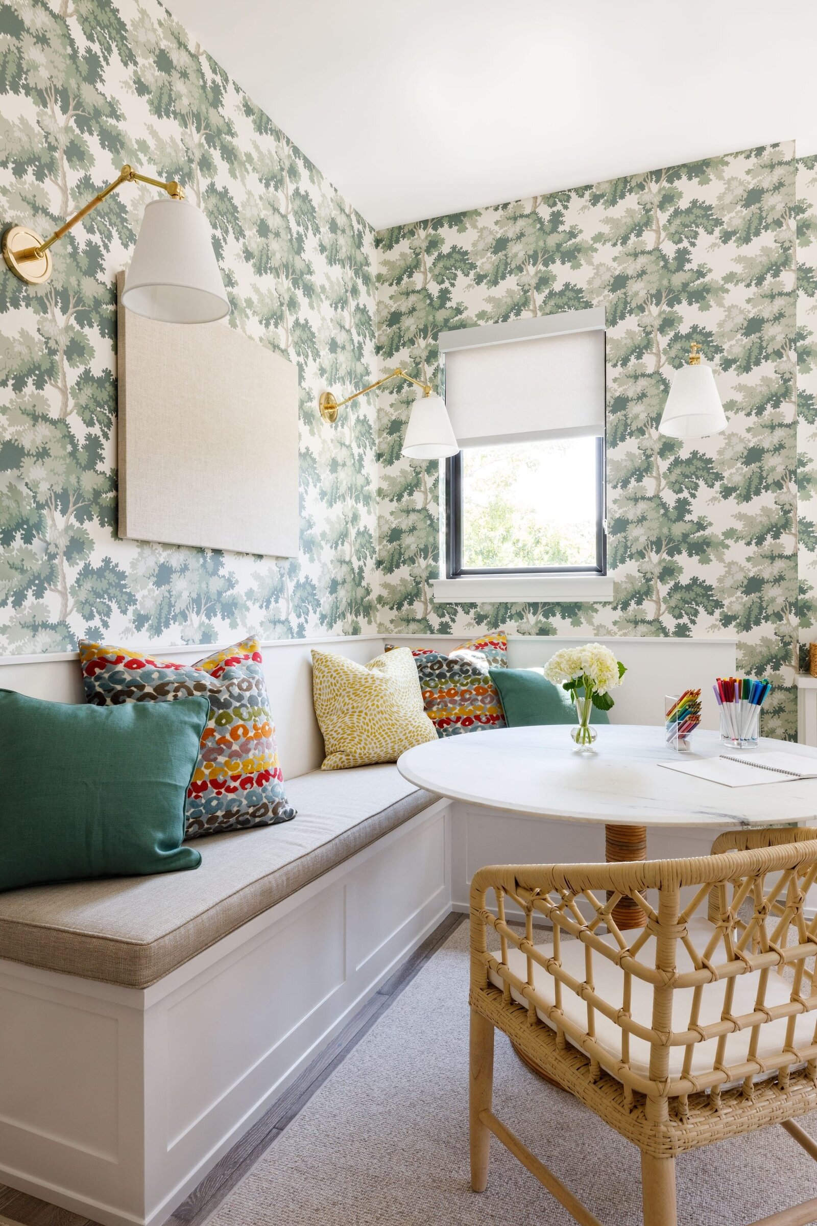 vision and hammer organizing and interior design breakfast nook with accent pillows and wallpaper