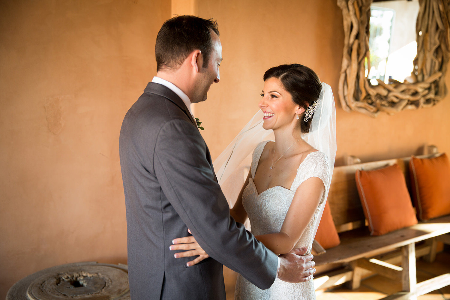 Sweet first look moment at Rancho Valencia.  Luxury wedding