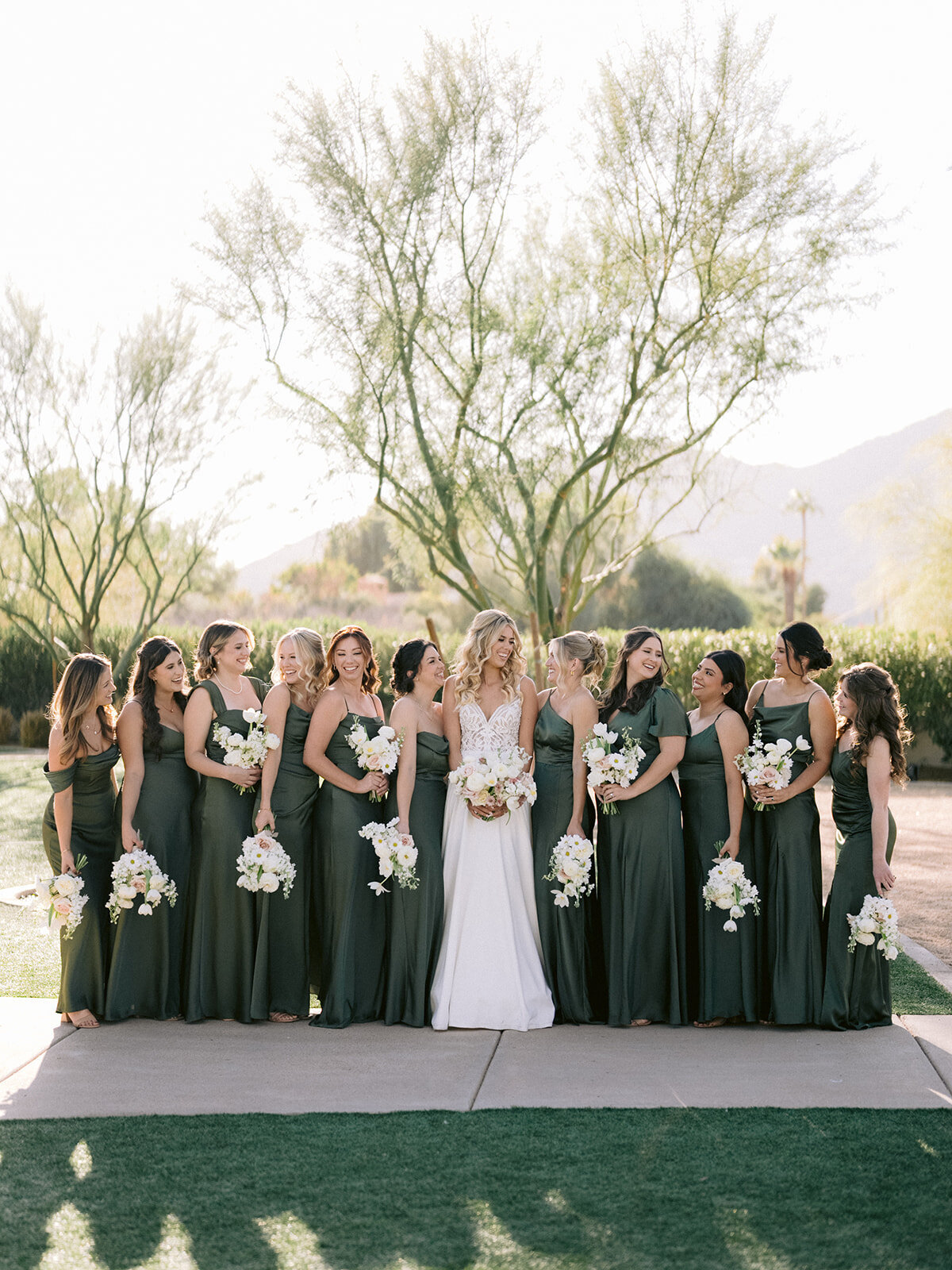 bridesmaids-dark-green-dresses-desert-wedding-floral-phoenix