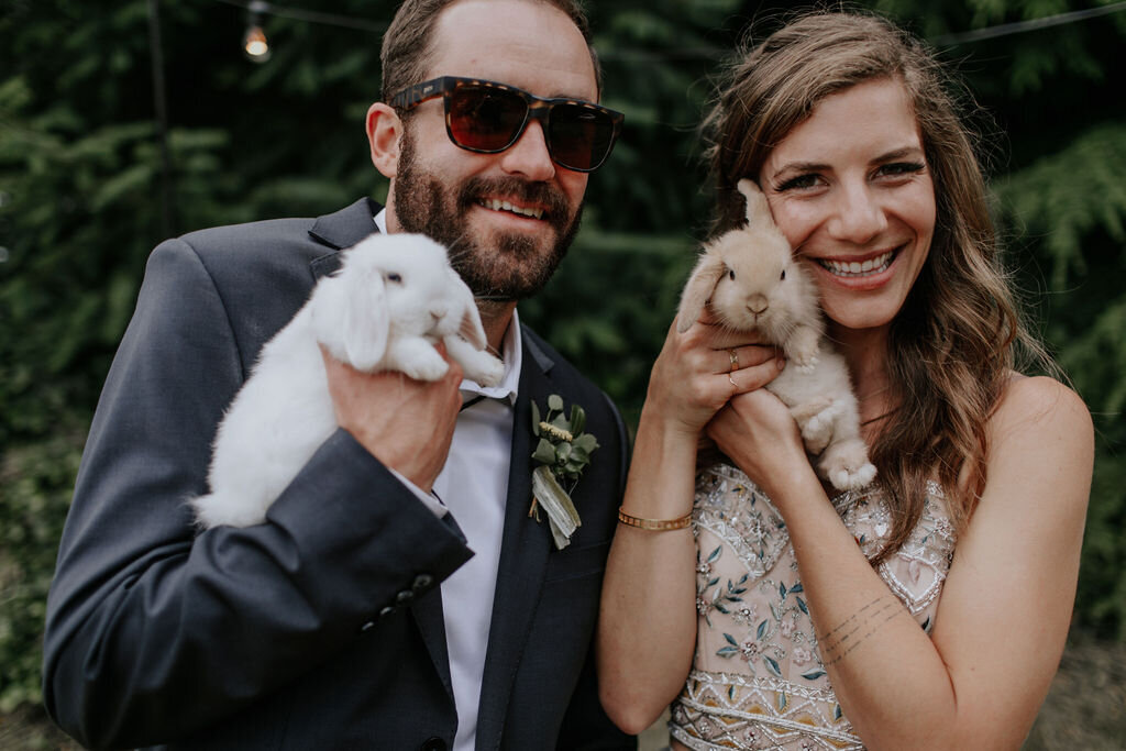 bride and groom holding bunnies