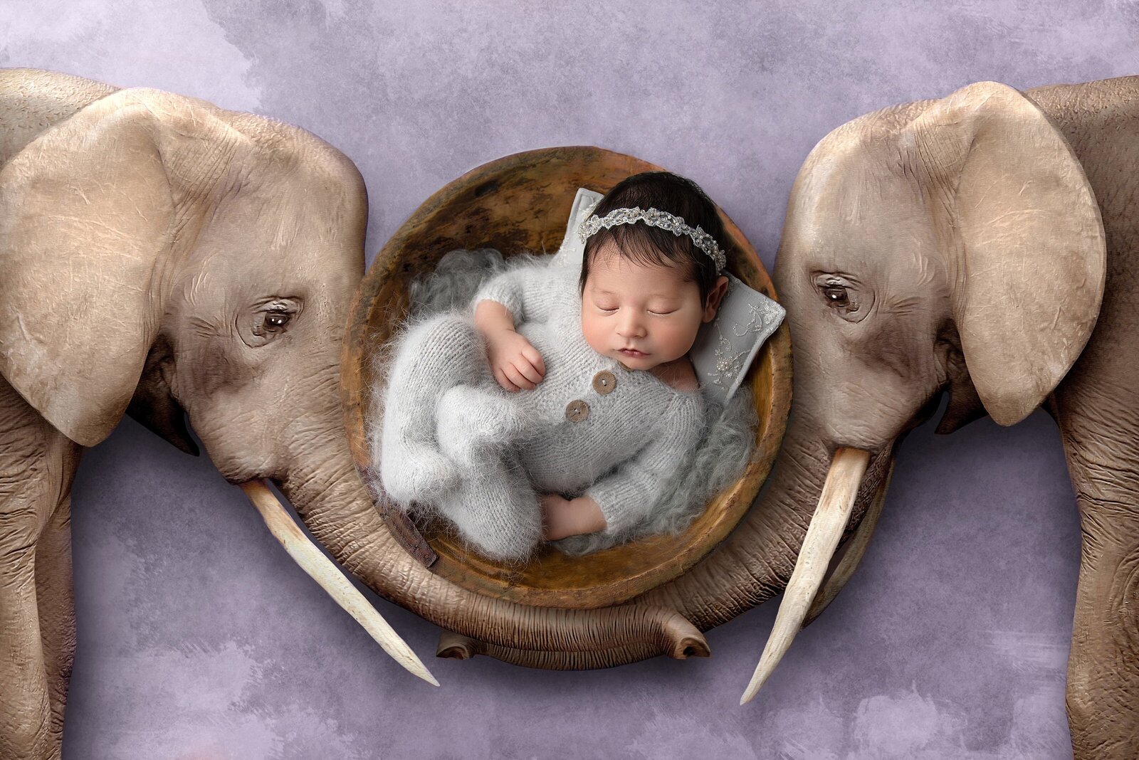 Baby girl posed in an elephant digital background for newborn pictures near me.