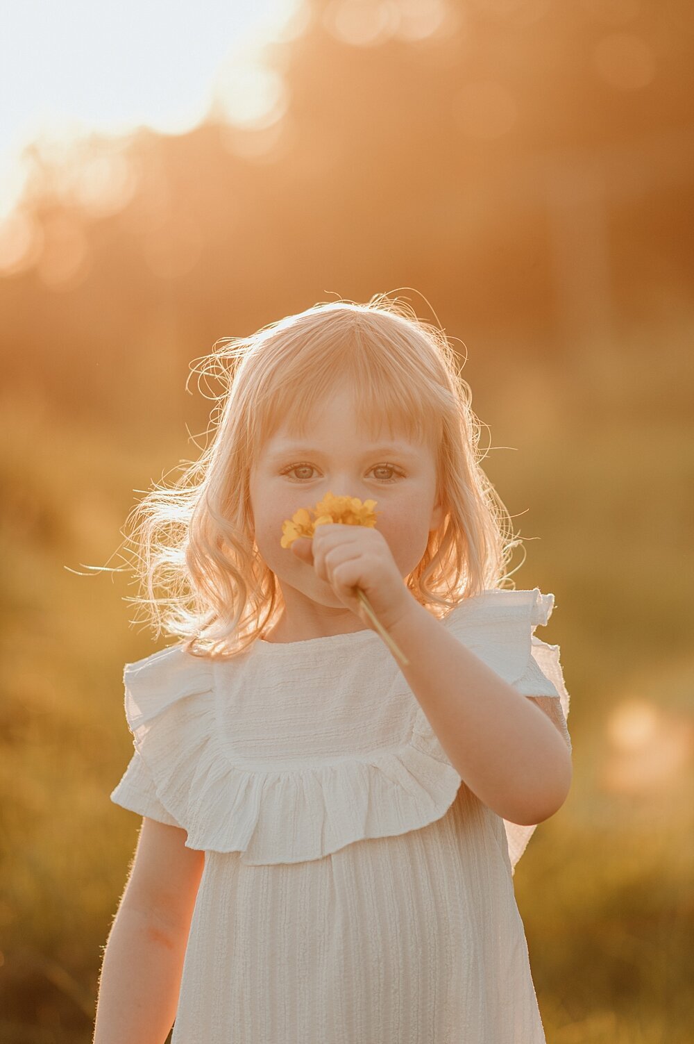 Little girl smelling flowers in a field at sunset with Vancouver Family Photographer