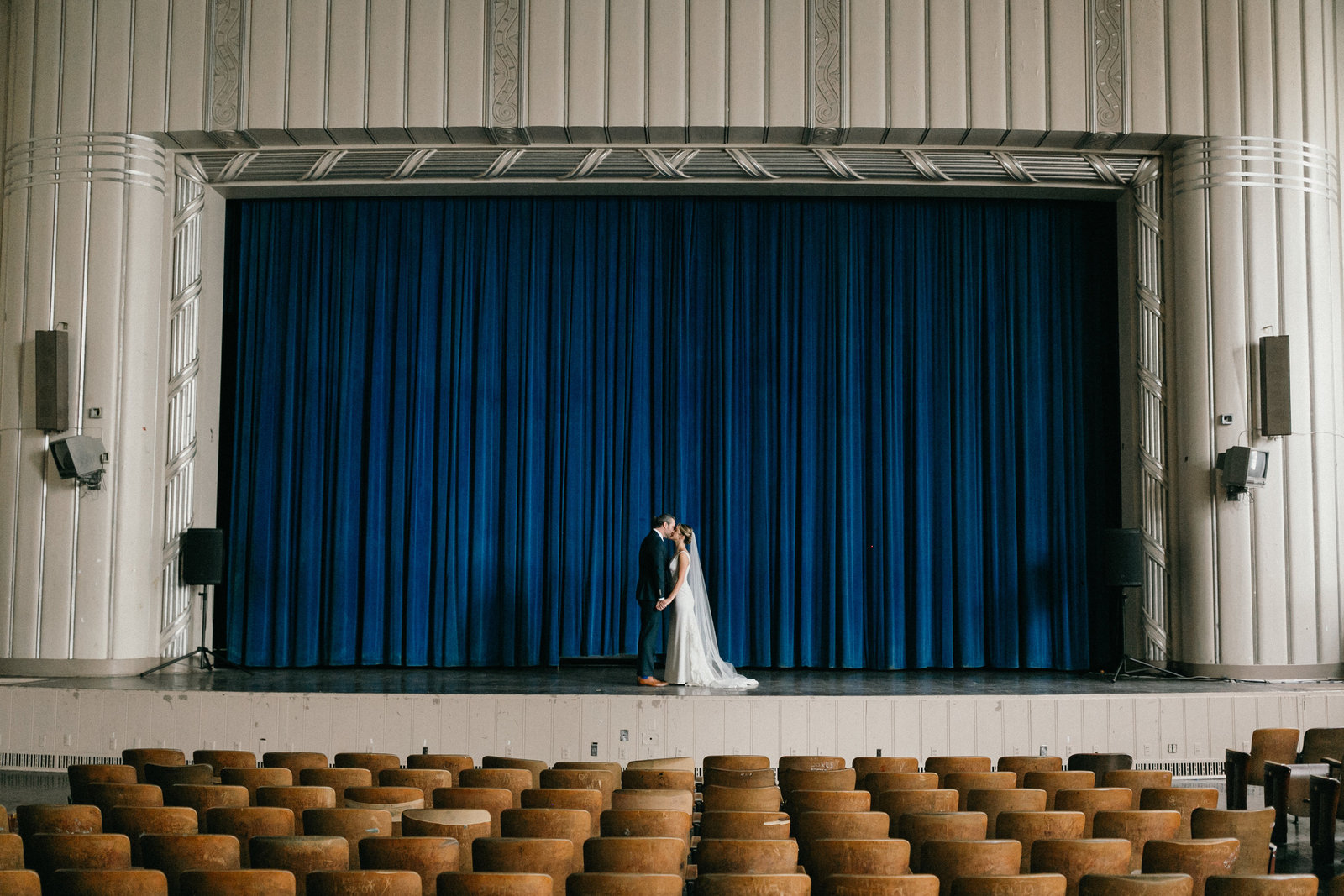 Stunning shot of the bride and groom during the first look in Bok's Auditorium.