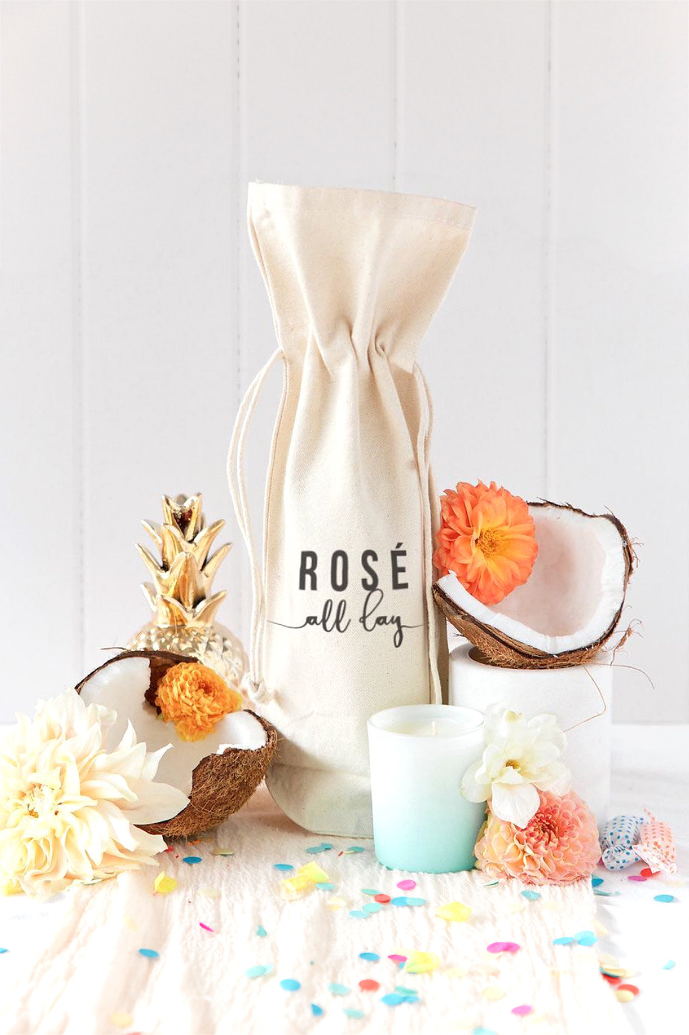 Coconuts tropical party with custom wine bag and confetti by product photographer Chelsea Loren