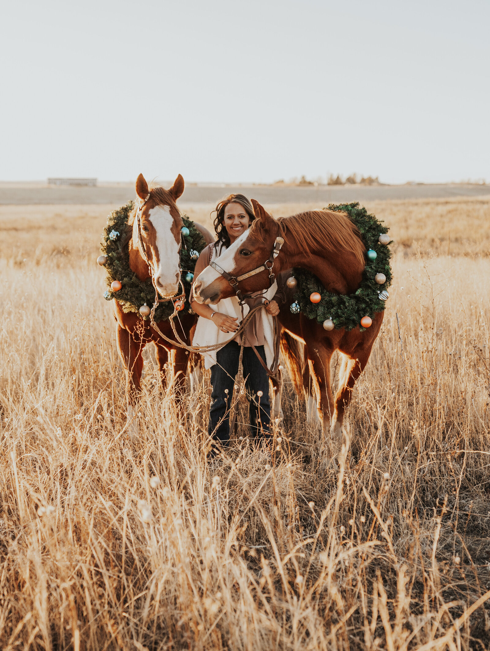 Girl poses with horses for christmas cards