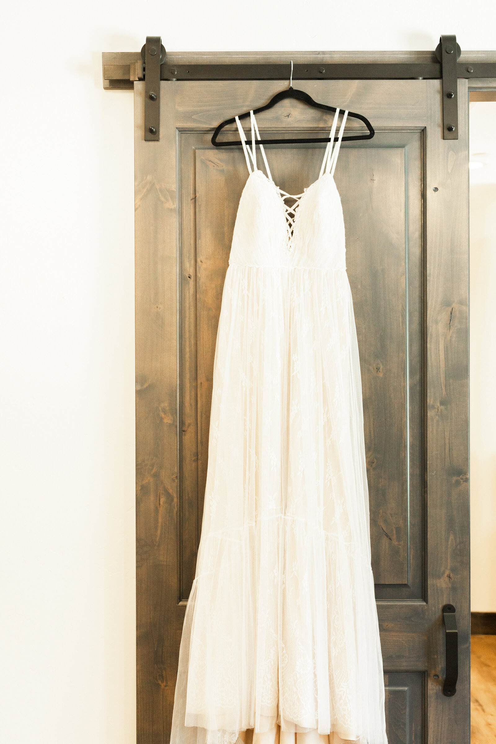 Boho wedding dress at an intimate elopement at a cabin at Big Bear Lake, California.