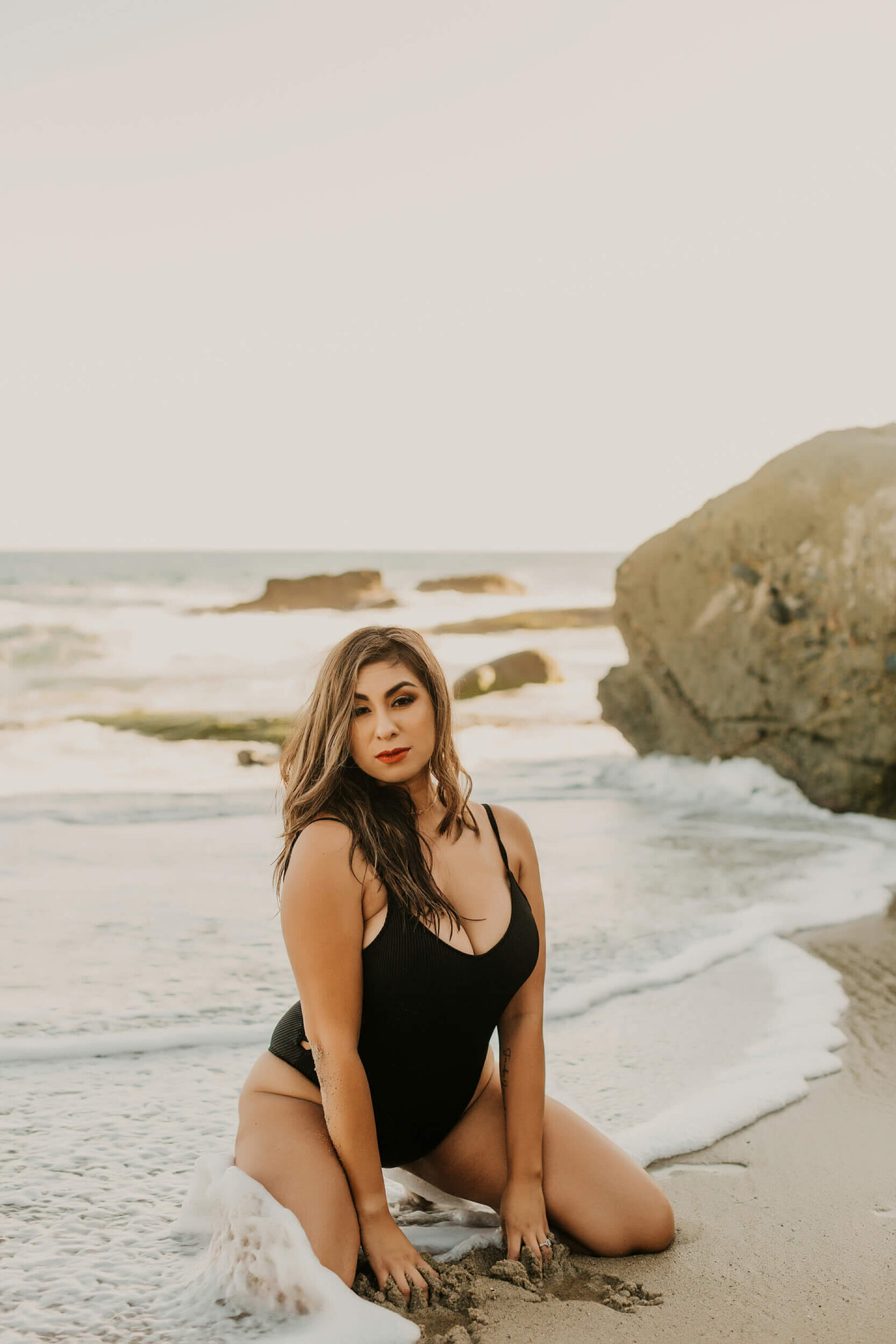 moody beach boudoir curvy black swimsuit