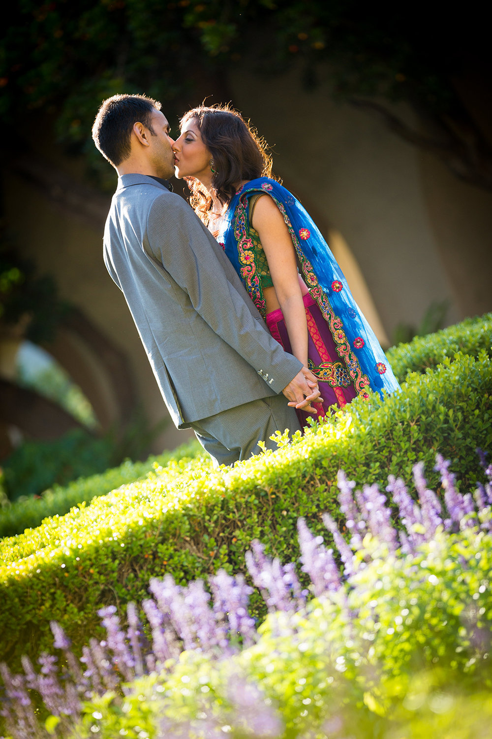 Romantic portrait of Indian couple at Balboa Park in San Diego