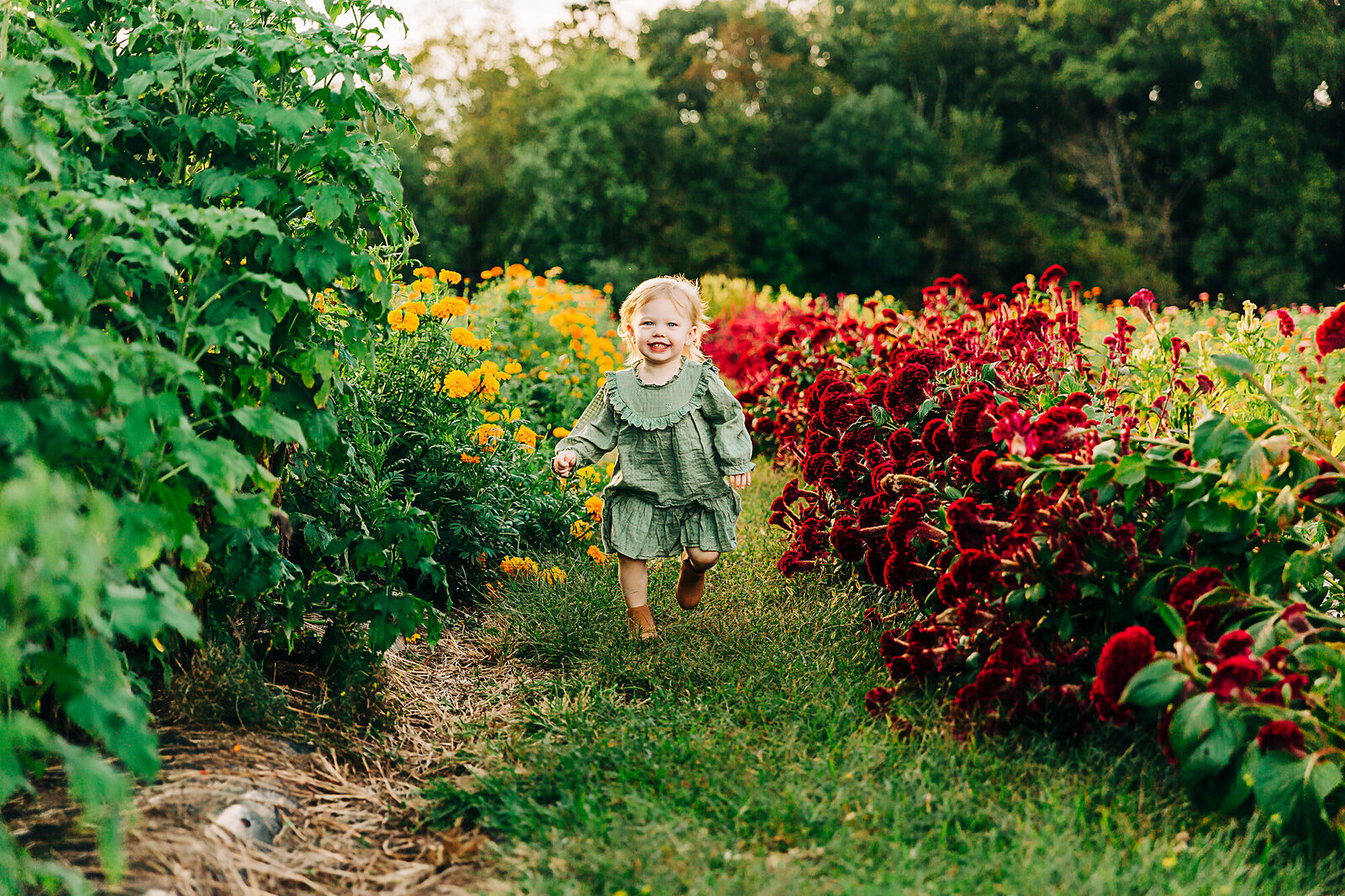 little girl in green running through flowers by Philadelphia Family Photographer