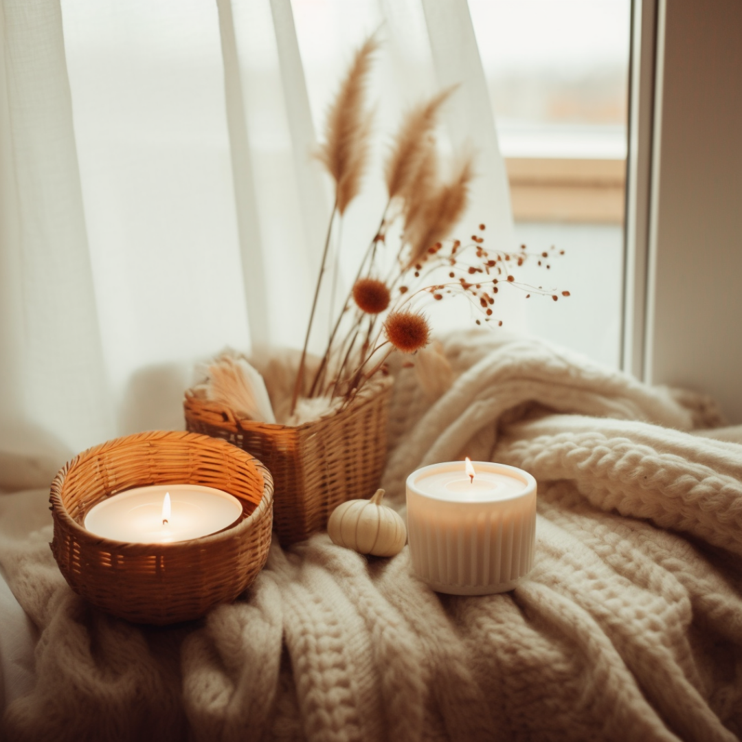 candles lit in a cozy blanket with dried flowers