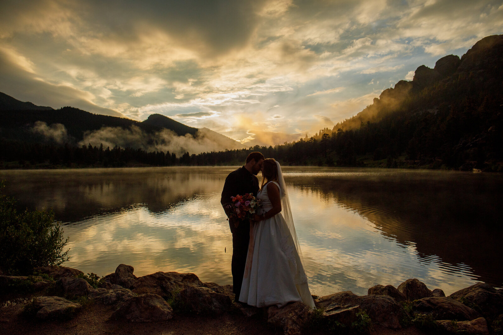 sunset elopement at Lily Lake at Rocky Mountain National Park photographer