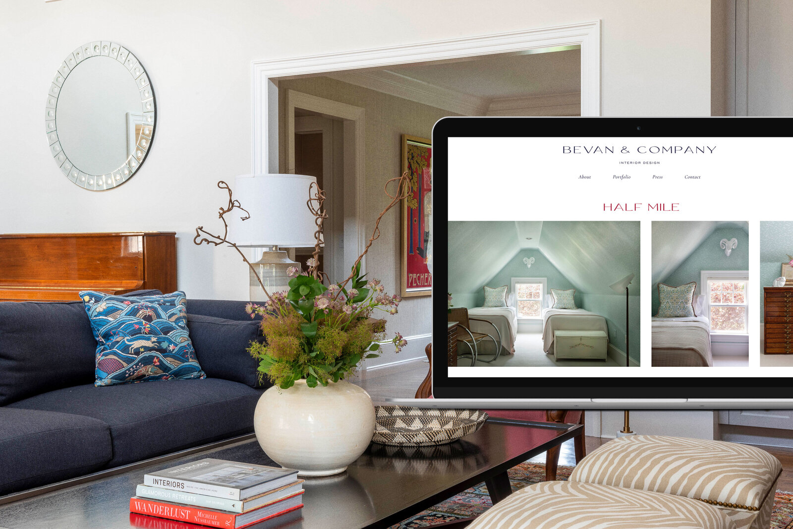 Laptop website design mockup with mid century modern interior design image