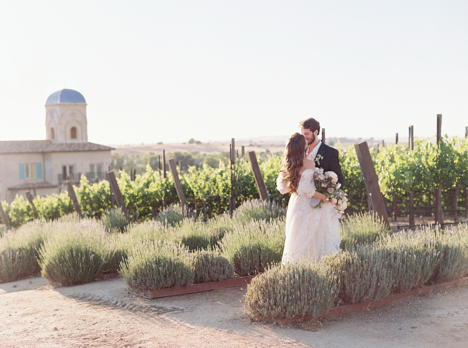 bride and groom at a vineyard and standing by lavender flowers