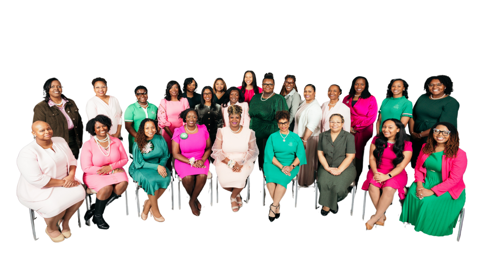 Phi Alpha Omega Chapter members wearing pink blazers standing in a group of 38