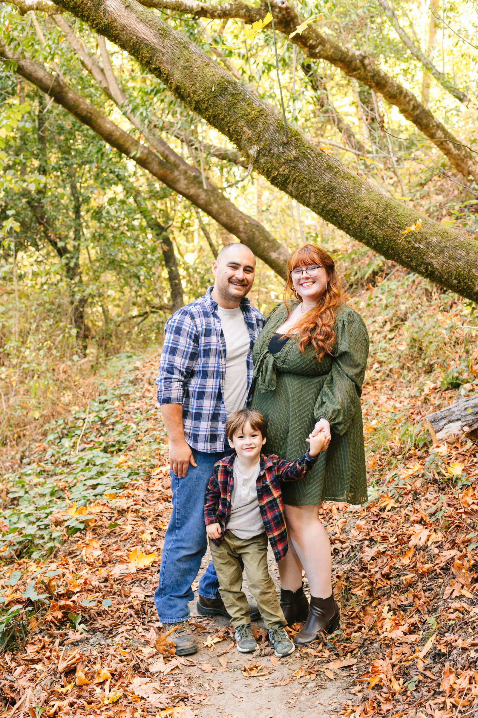 A family of 3 poses for photos in a forest in Santa Cruz, Ca.