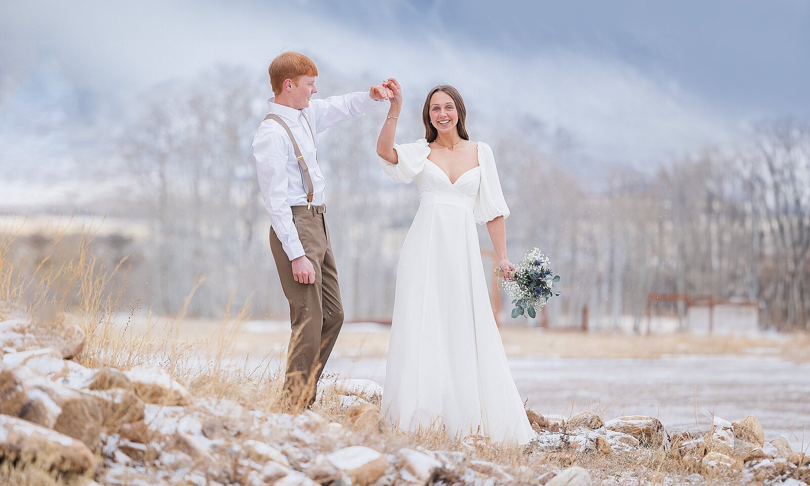 Bride and groom in a magical  winter setting