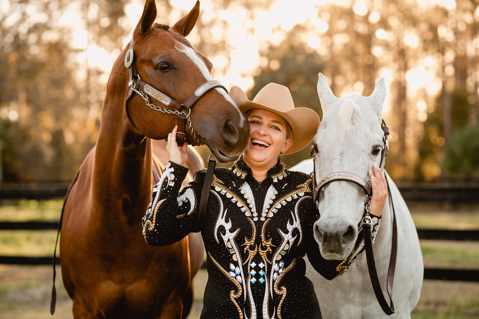 Central Florida equestrian photographer takes pictures of two western pleasure horses with their owner.