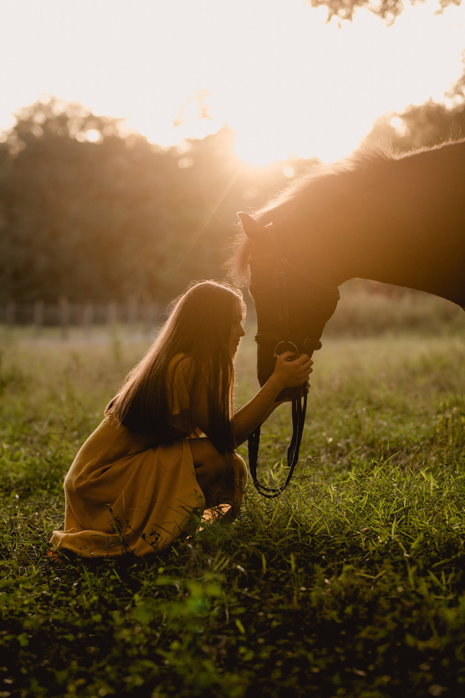 Sunset photo of girl and her pony taken by professional equine photographer in Gainesville, FL.