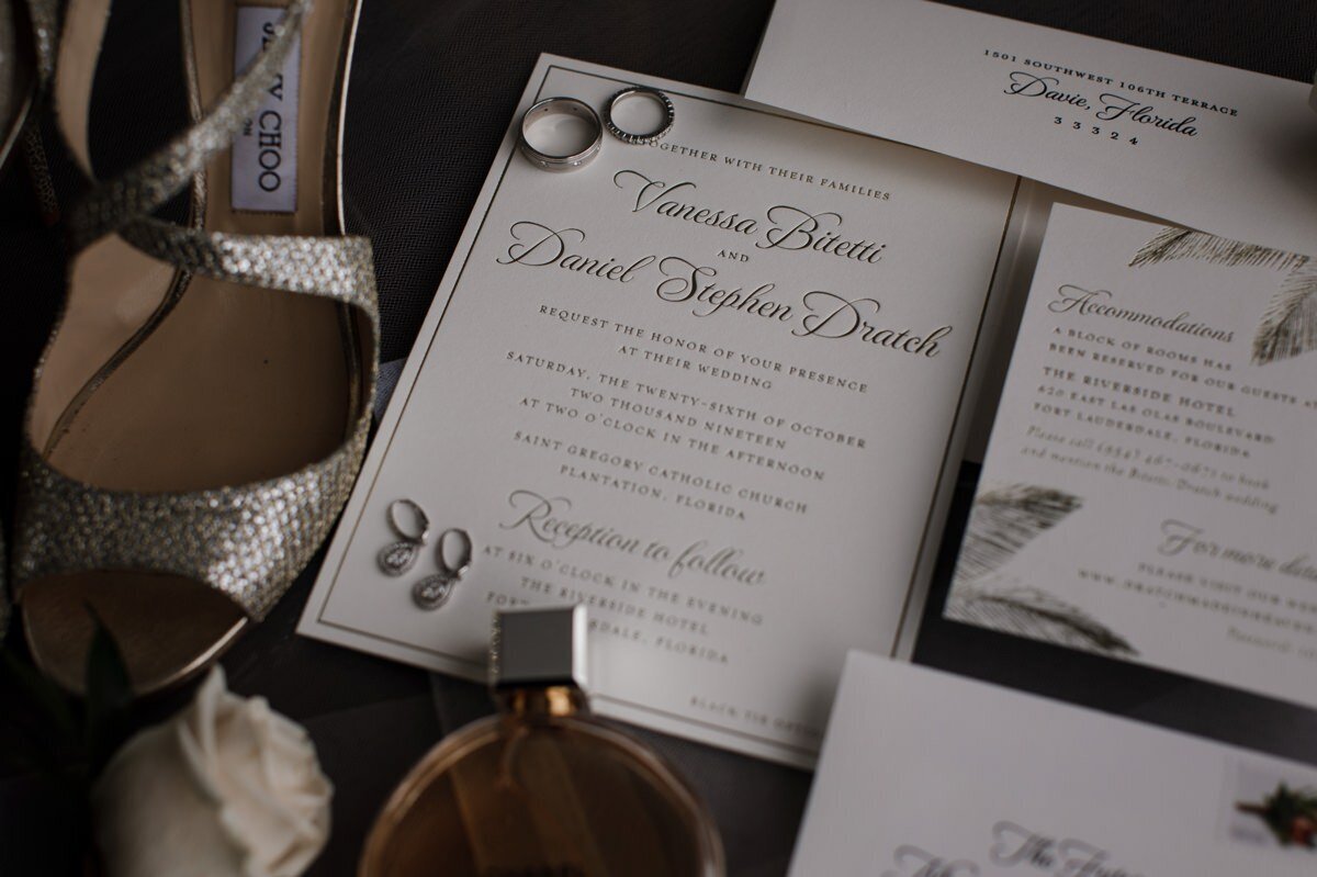 Wedding invitation flat lay for a wedding in Fort Lauderdale Florida