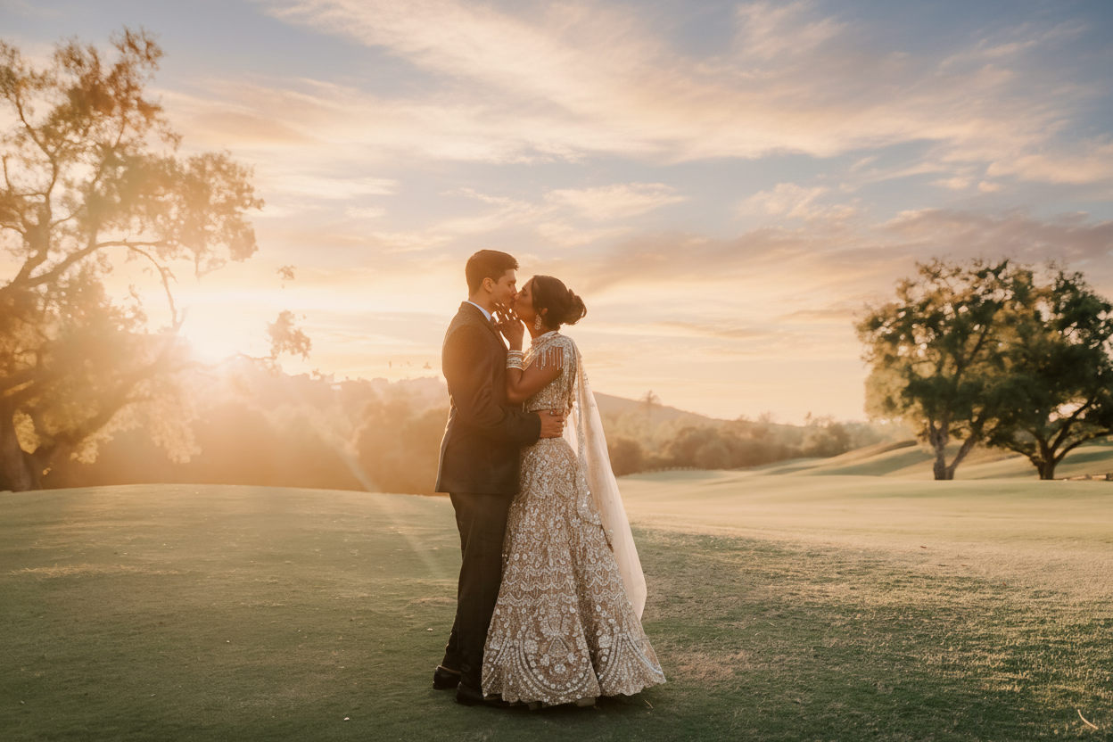 Romantic wedding couple embracing at sunset on a golf course in Temecula, California – American Portra wedding photographer capturing candid golden hour portraits.