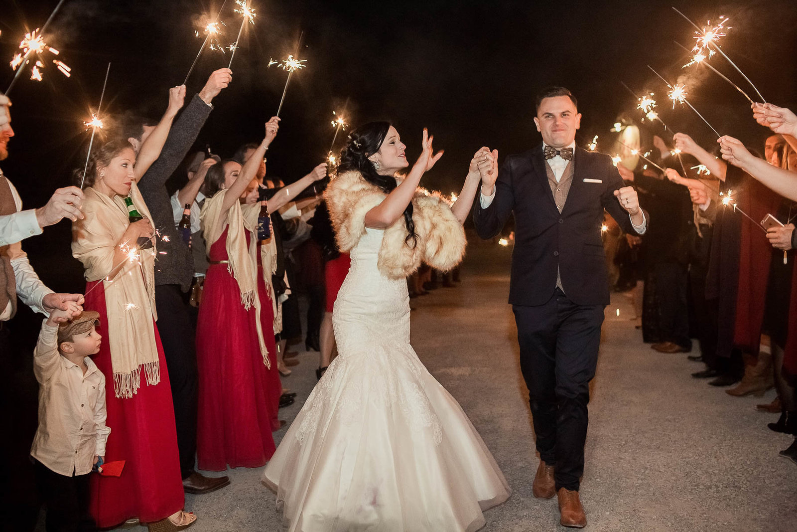 Bride and groom have a sparkler exit, Boals Farm, Charleston, South Carolina