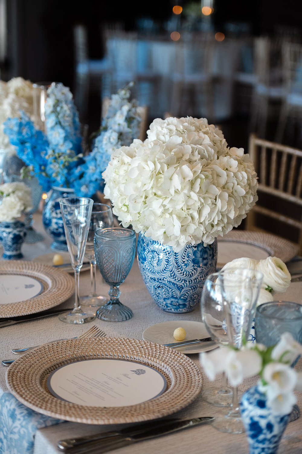 hydrangea and blue and white porcelain pottery table settings
