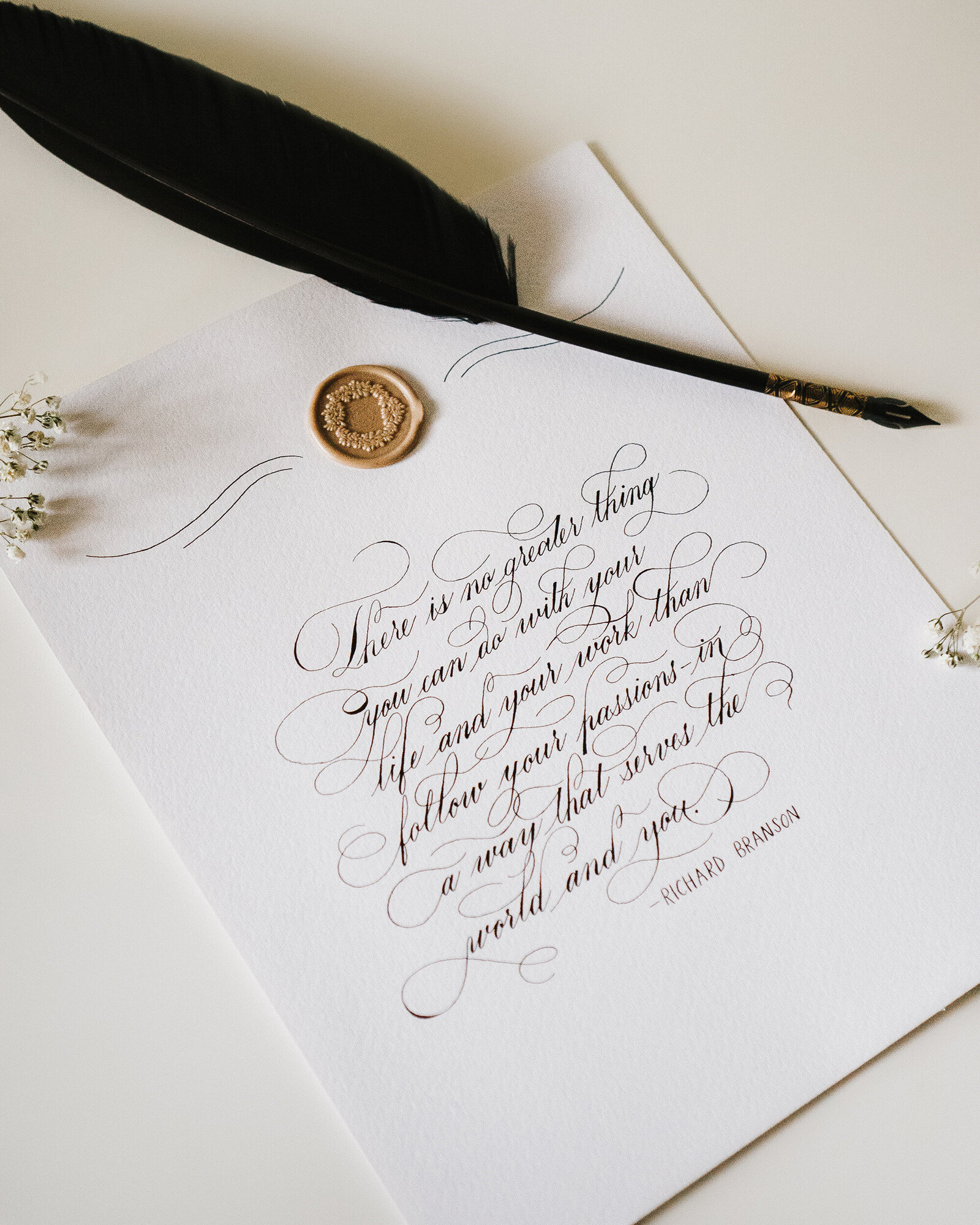 Flourishing elegant calligraphy copperplate script pointed pen wax seal feather berlin