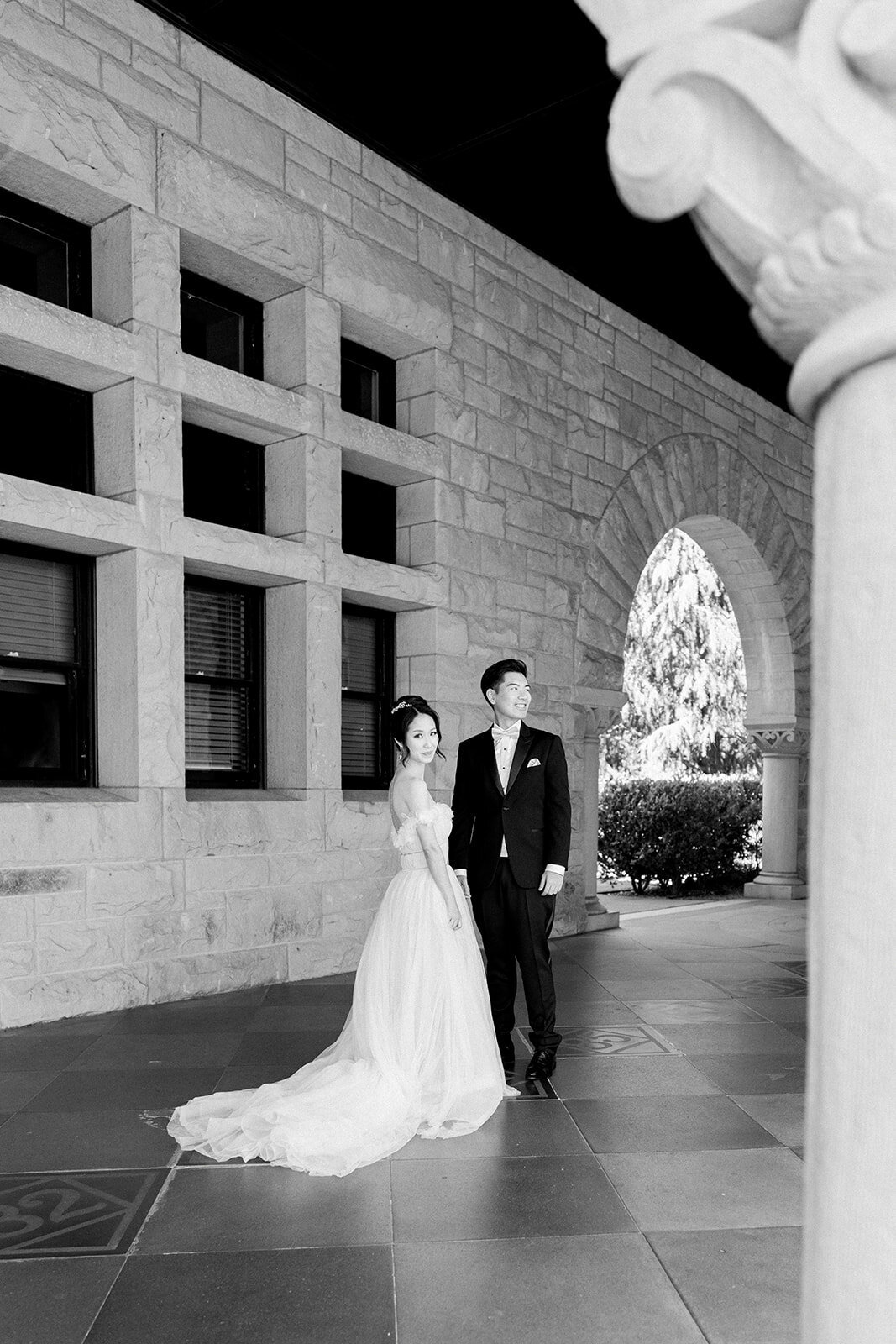 The bride showcases her stunning train as she stands elegantly at the Filoli Estate, Woodside, California.