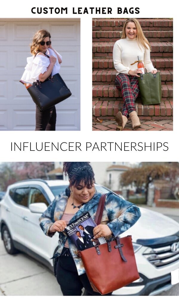 Influencers modeling custom leather bags for influencer partnerships