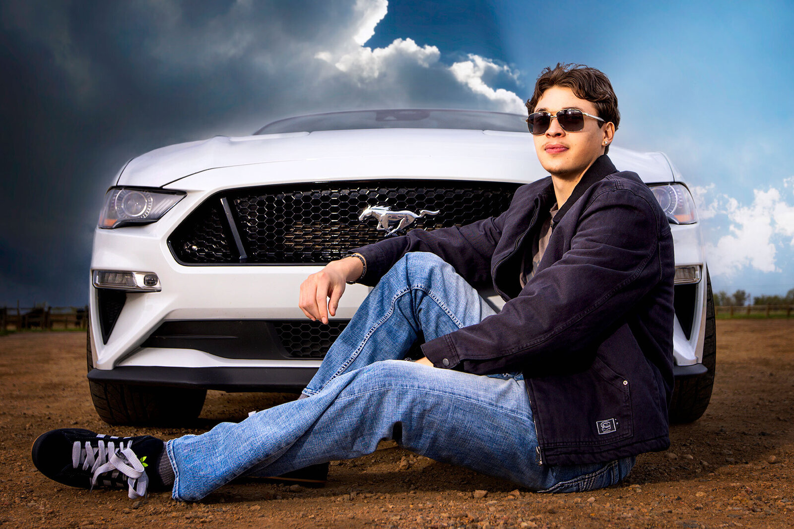 high-school-senior-boy-mustang-white-car-sunglasses-high-contrast-expert-lighting-wow