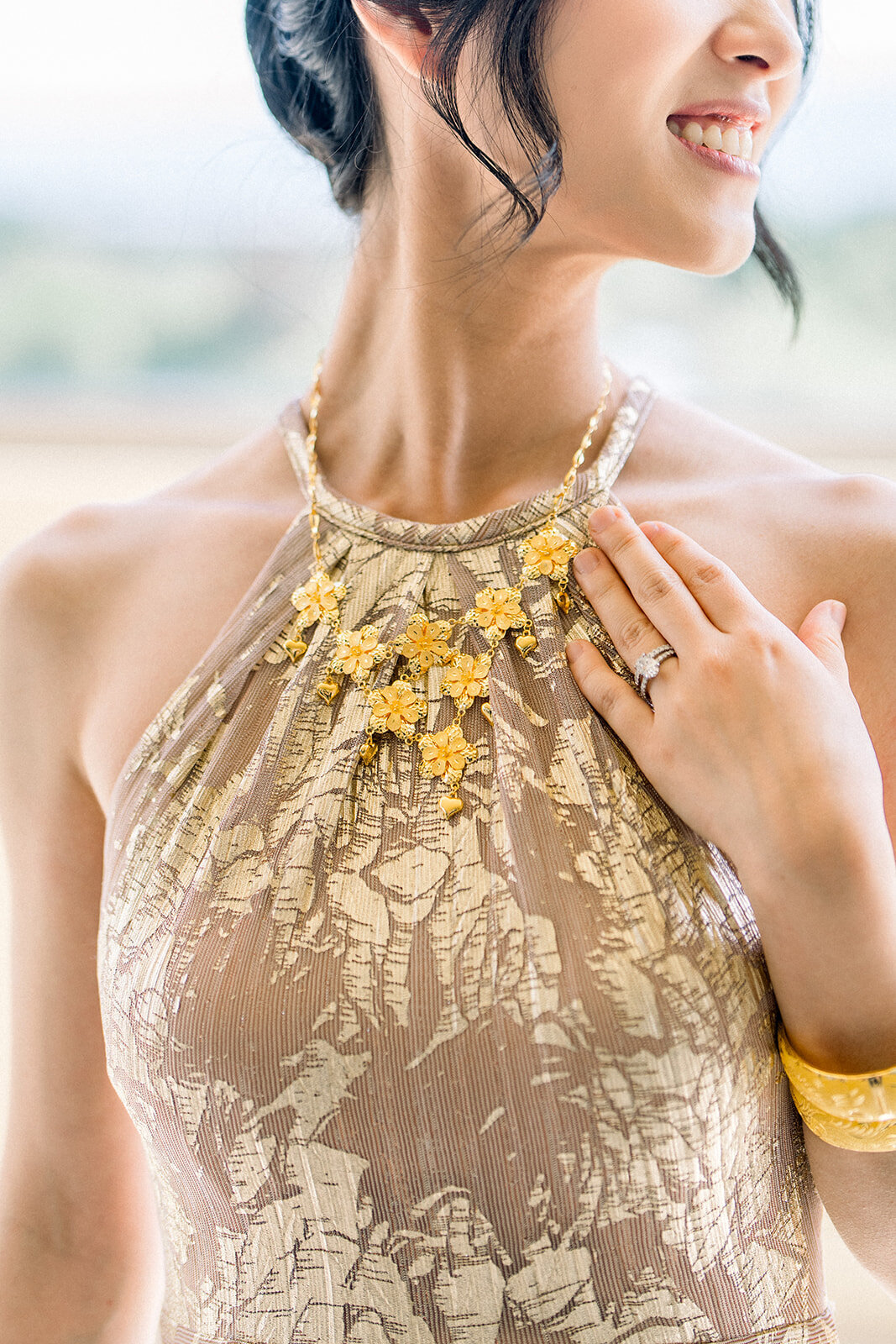A close-up of the bride’s stunning jewelry, adding a touch of luxury to her look at the Filoli wedding reception in Woodside, California.