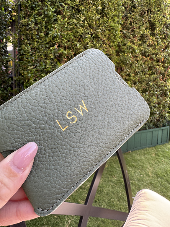 Gold foiled LSW initials on luggage tag