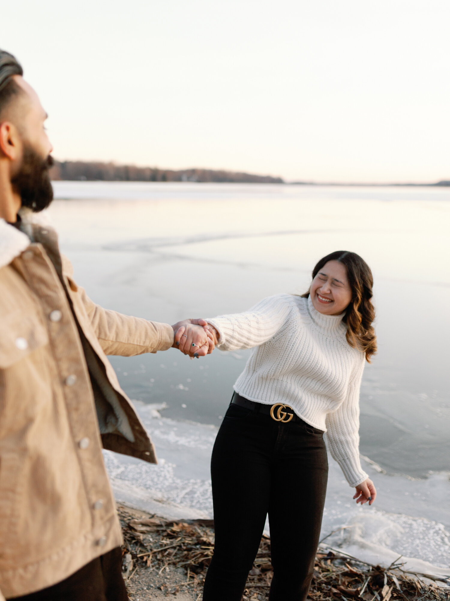 Fiancee Laughing at Eagle Creek Engagement Session