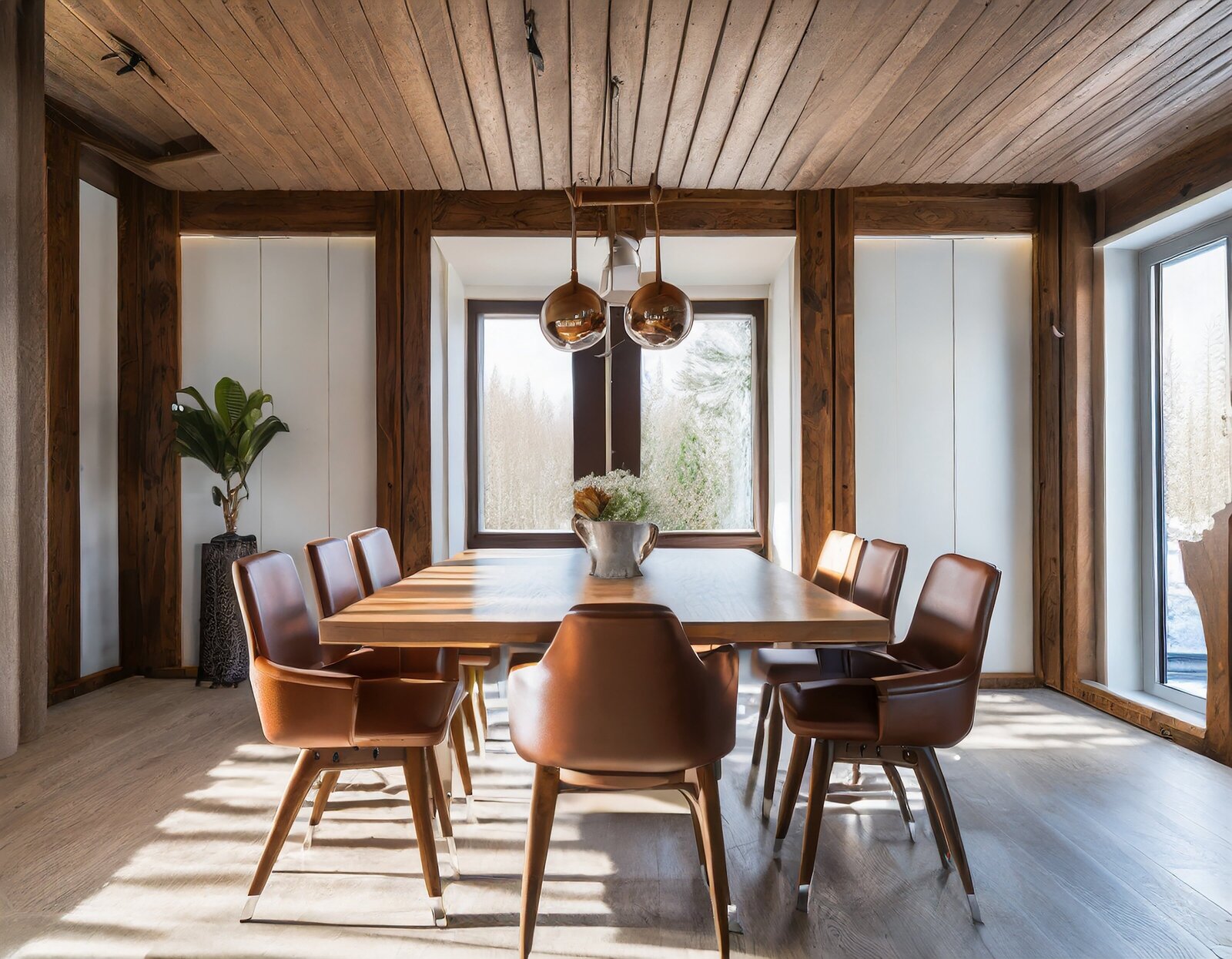 brown-leather-chairs-wood-dining-table-room-with-abstract-wood-lining-ceiling-paneling-wal