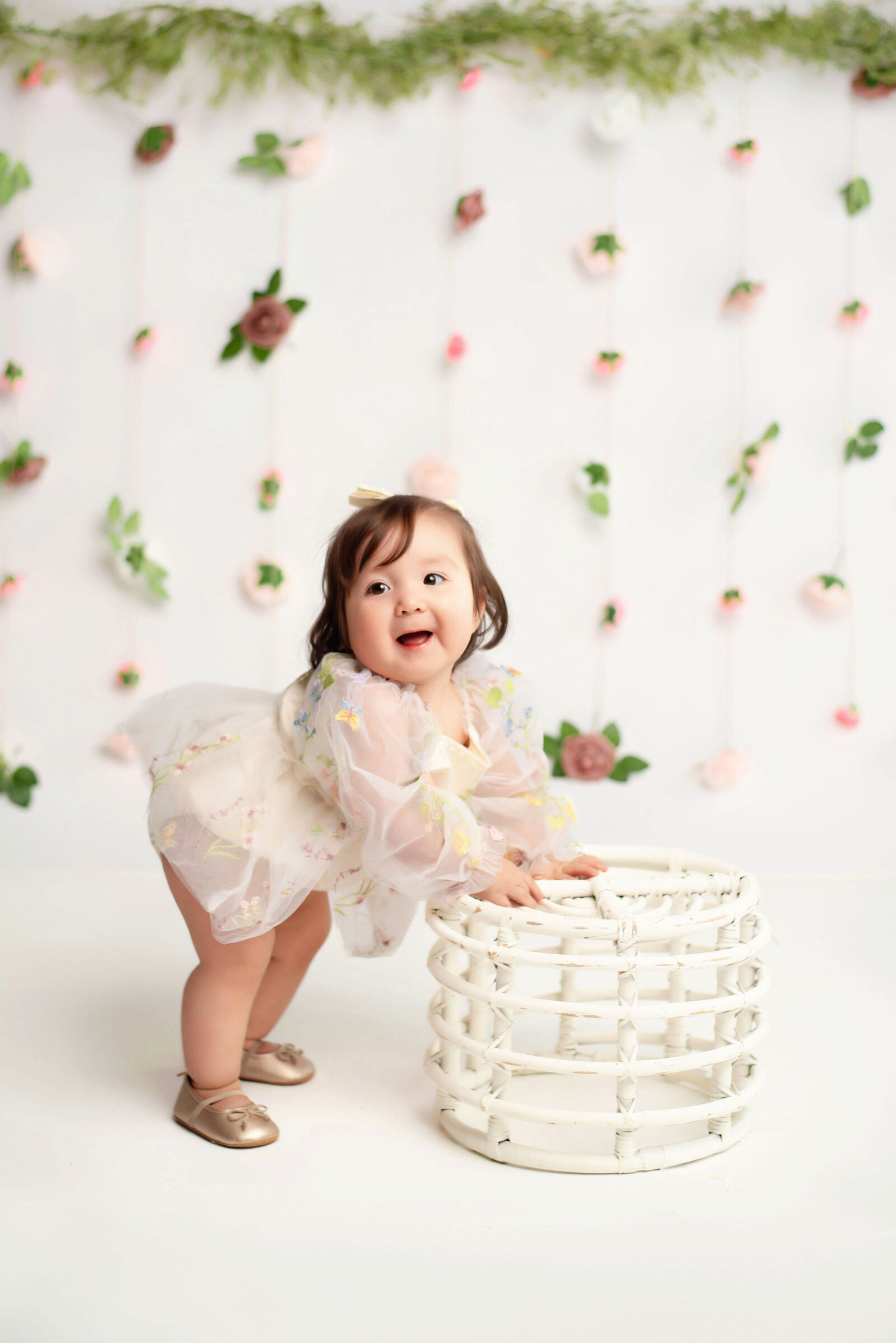 studio photo with hanging flowers for photoshoot