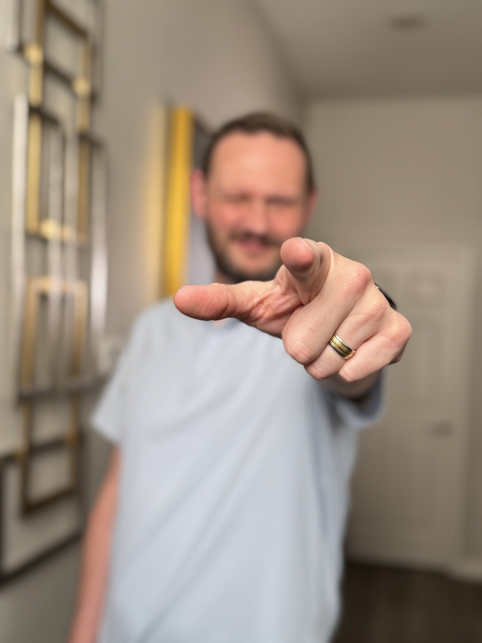 Finger pointing in a fun way, signaling that you've completed the task successfully