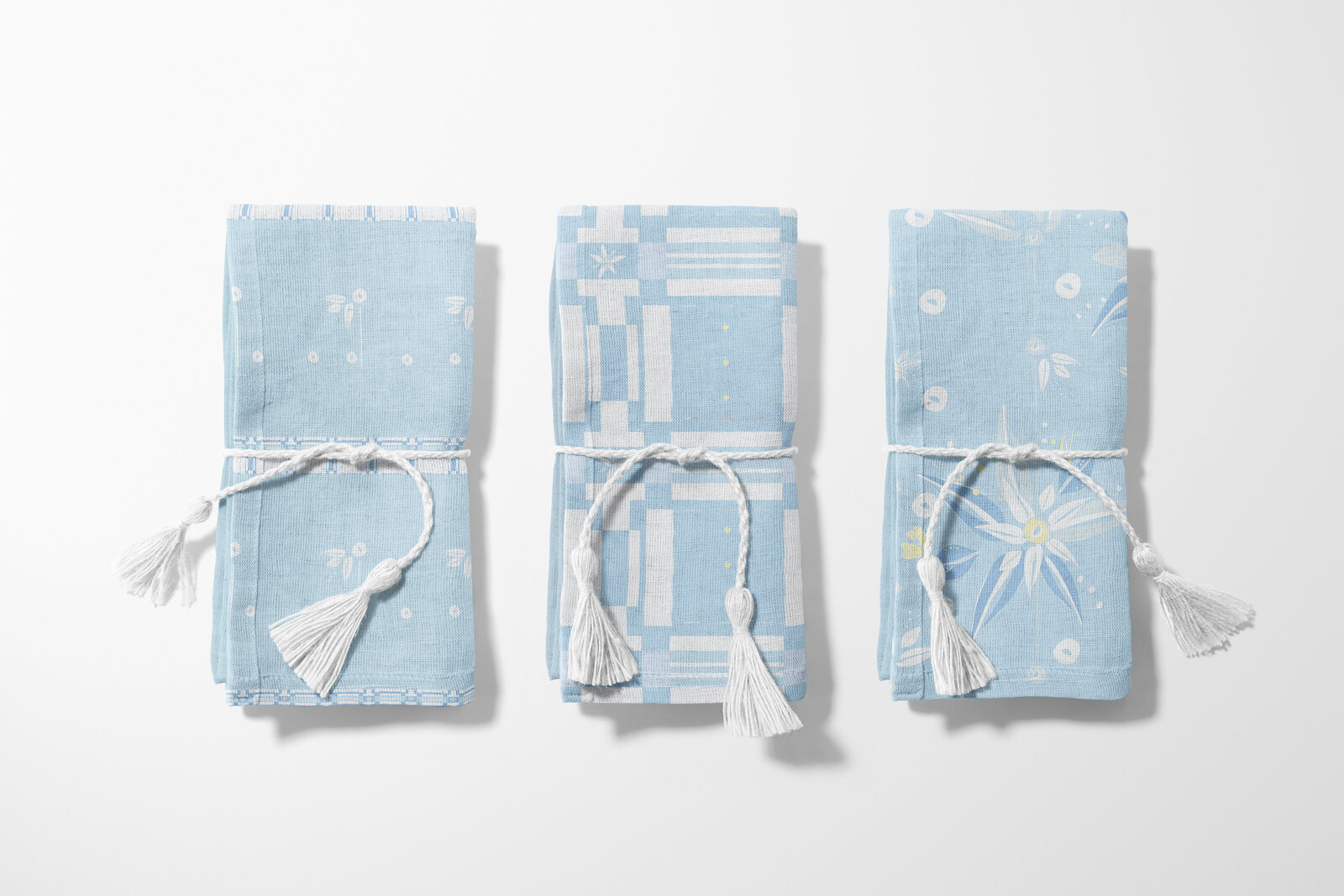 blue and white patterned fabric napkins