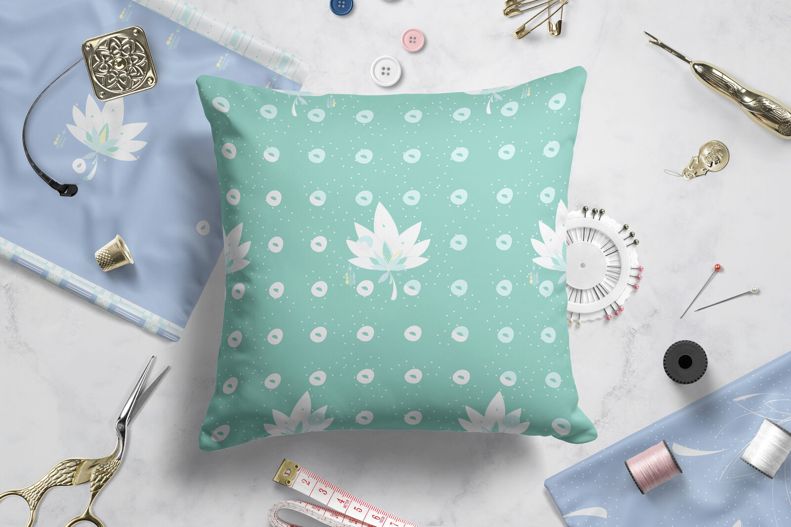 green and white patterned pillowcase
