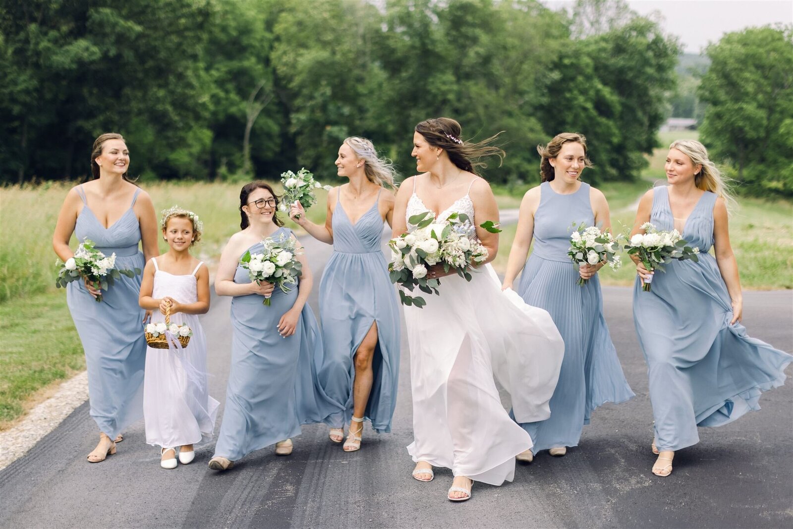 Chiffon style, dusty blue bridesmaids dresses