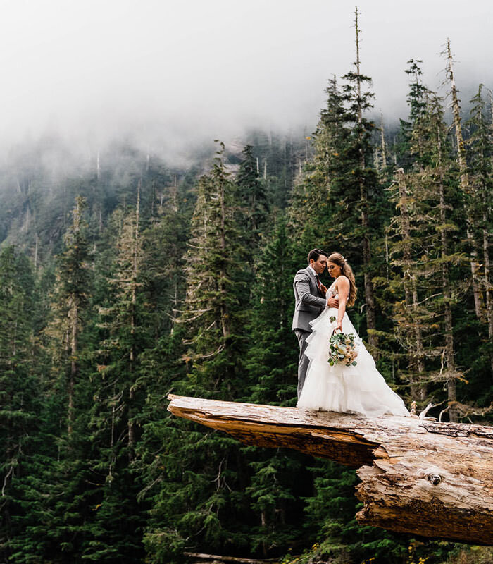 Washington Elopement Photographer Amy Galbraith photograph of a couple standing on a large log in the backcountry in the central Cascades