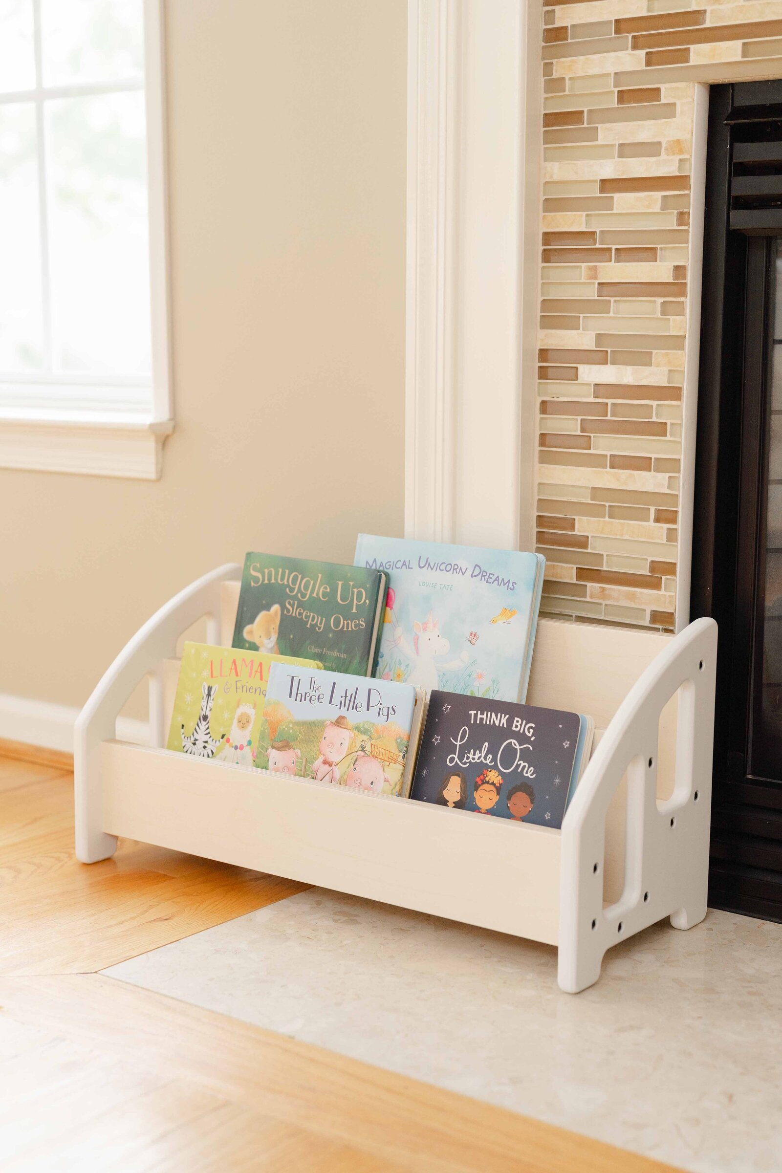 bookshelf by the fireplace during product photo in Vienna,VA