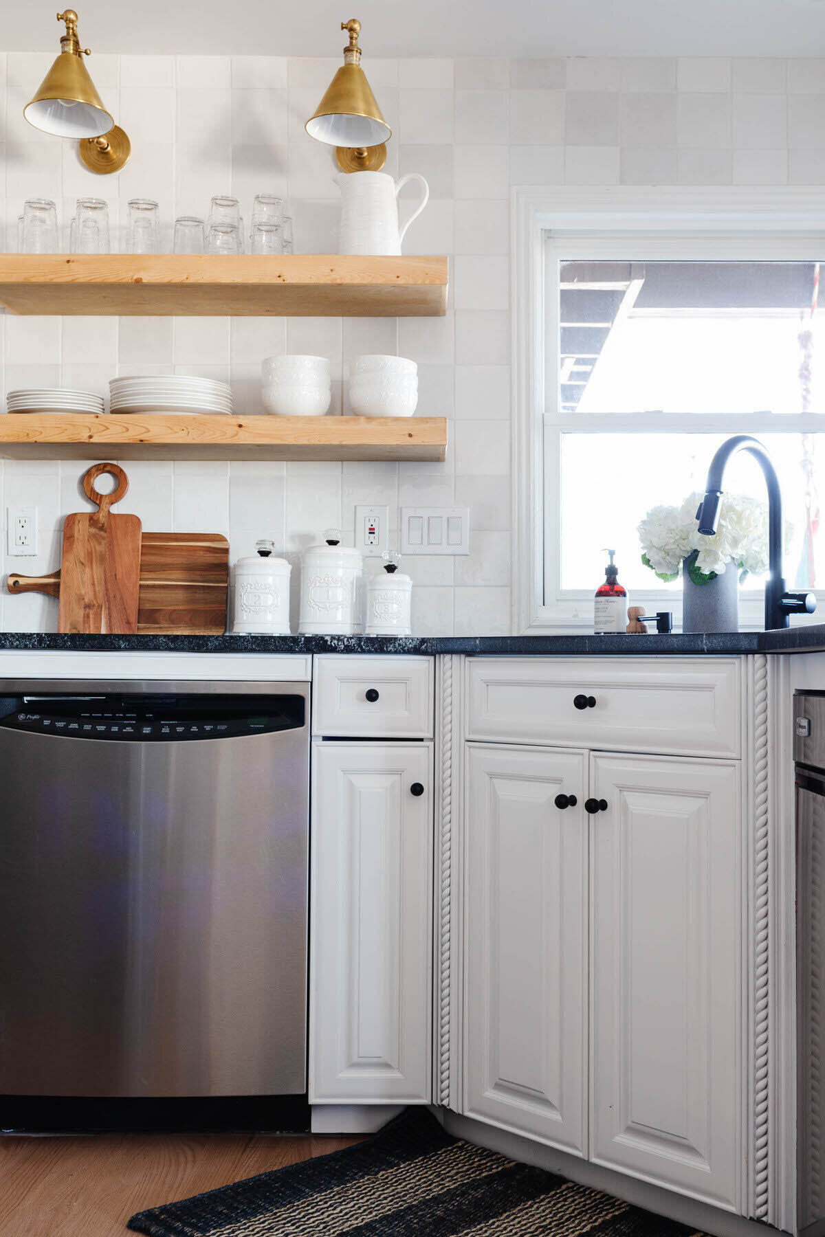 Modern Farmhouse Charming Cottage Warm White Kitchen with open shelves by Peggy Haddad Interiors29