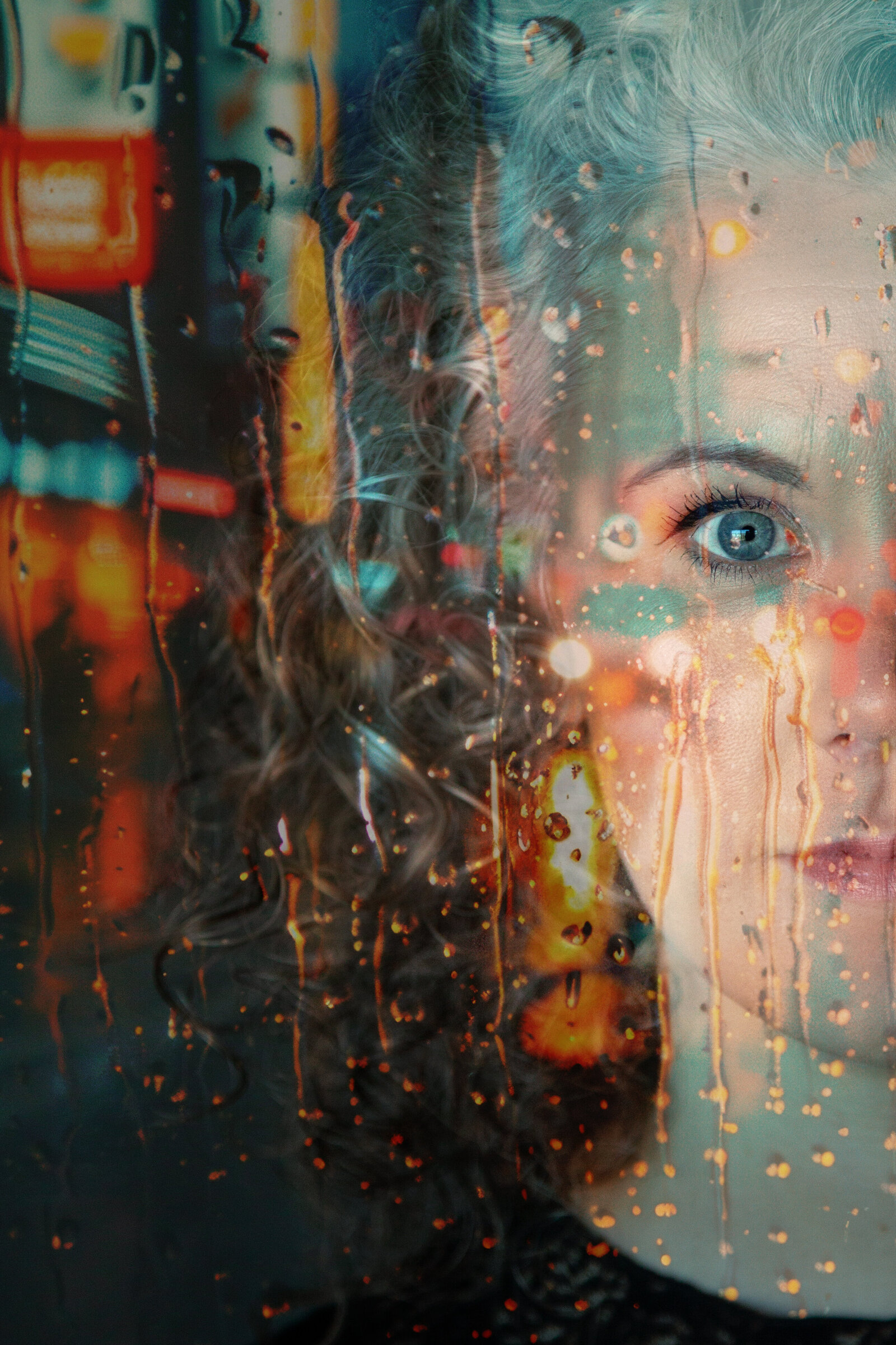 Double exposure of half of woman's face and colorful, rainy window.
