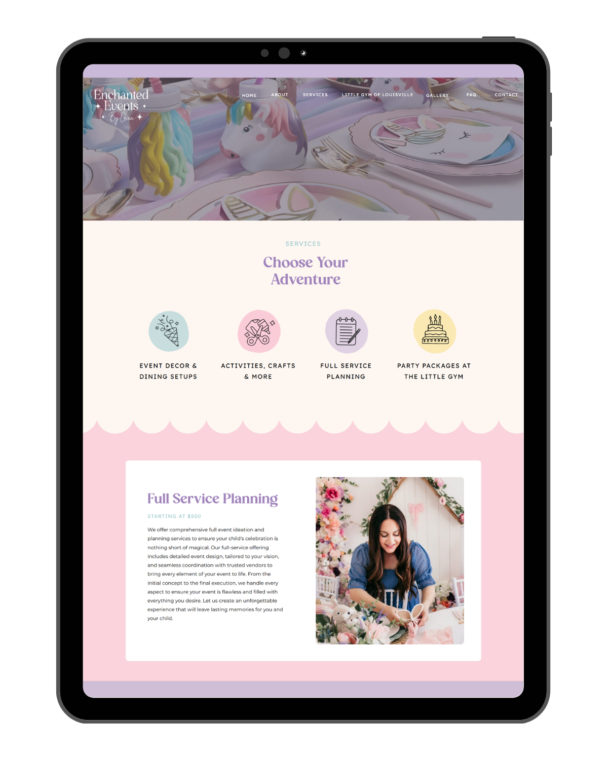 Kids party and event planner website template on Showit by Daydream Sites