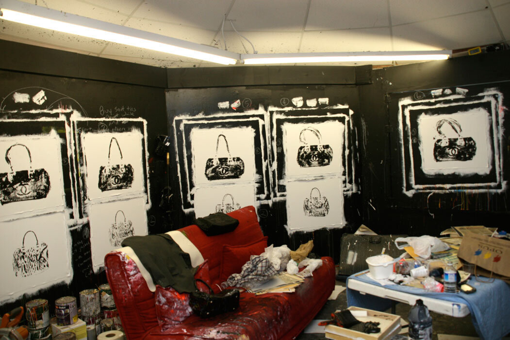 Brent Ray Fraser Silo Studio with first set of hand bags paintings June 2009