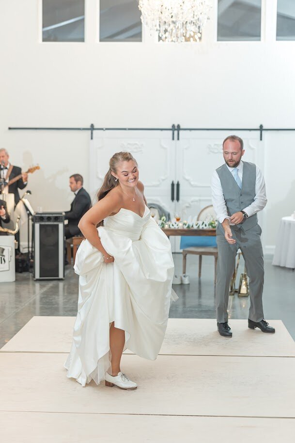 Bride-White Wedding Dress-Tap-Dancing-The-Legacy-At-Willow-Pond