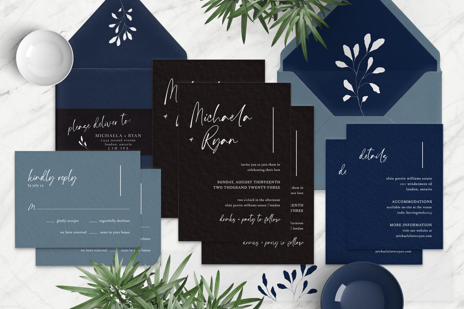 blue-and-white-ink-modern-wedding-invitation-foil-stamped