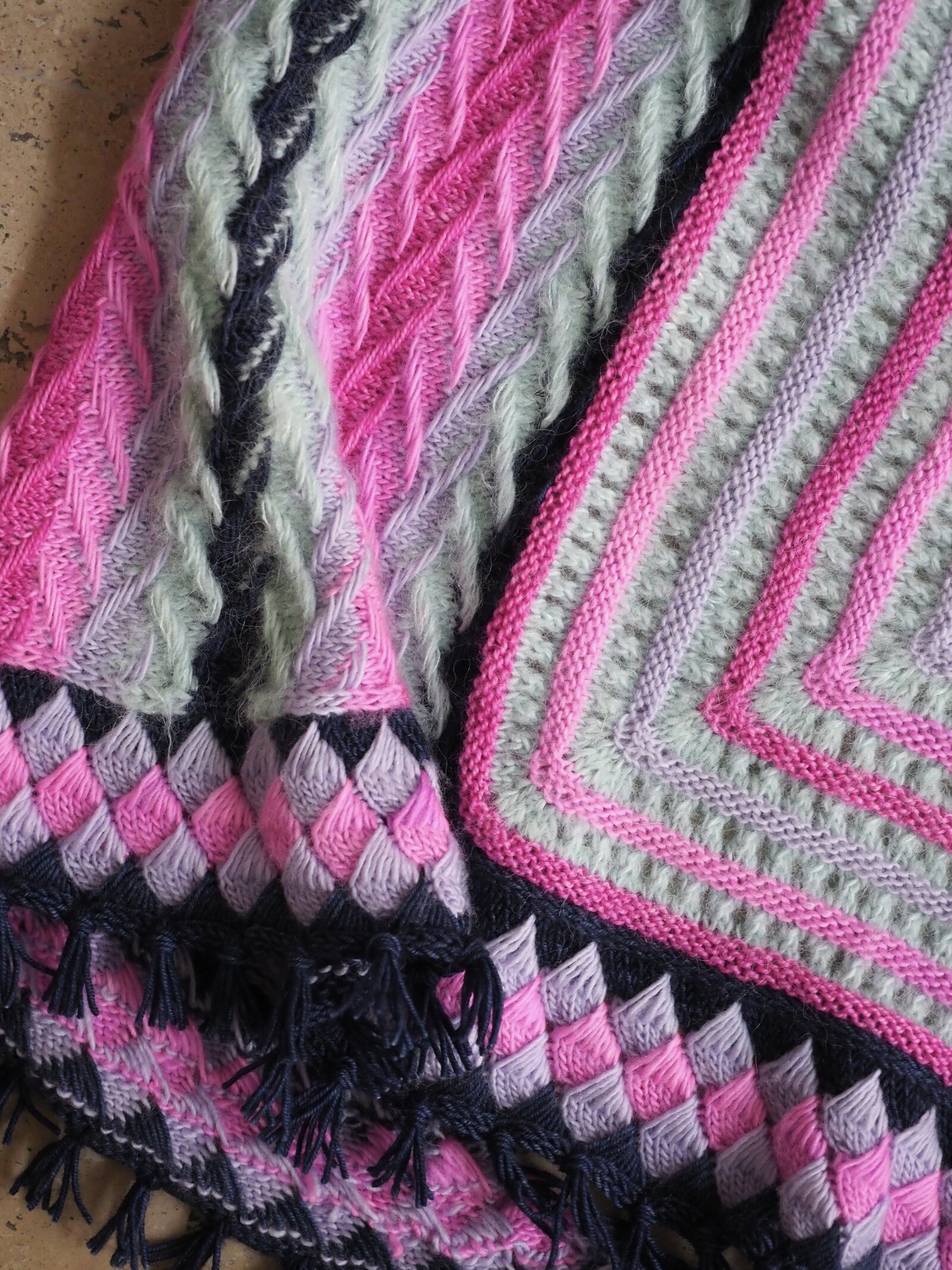 Up close of hand knit shawl