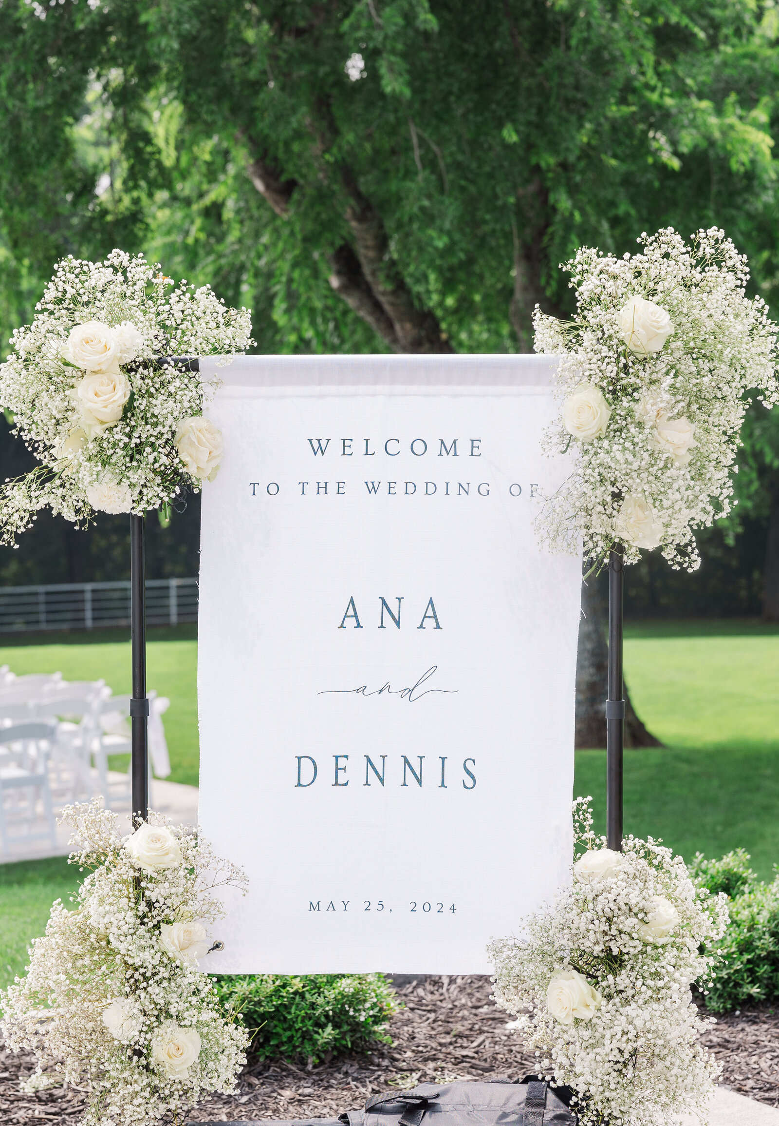 Wedding venue decor details and welcome board for guests
