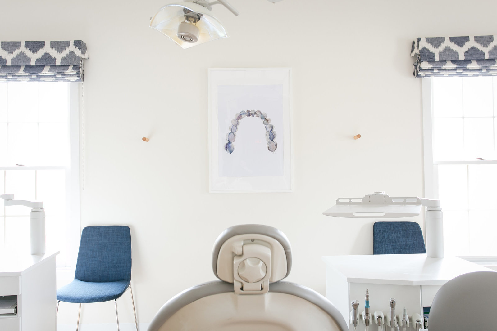 Modern Boutique style Orthodontist office with patterned roman shades and watercolor artwork